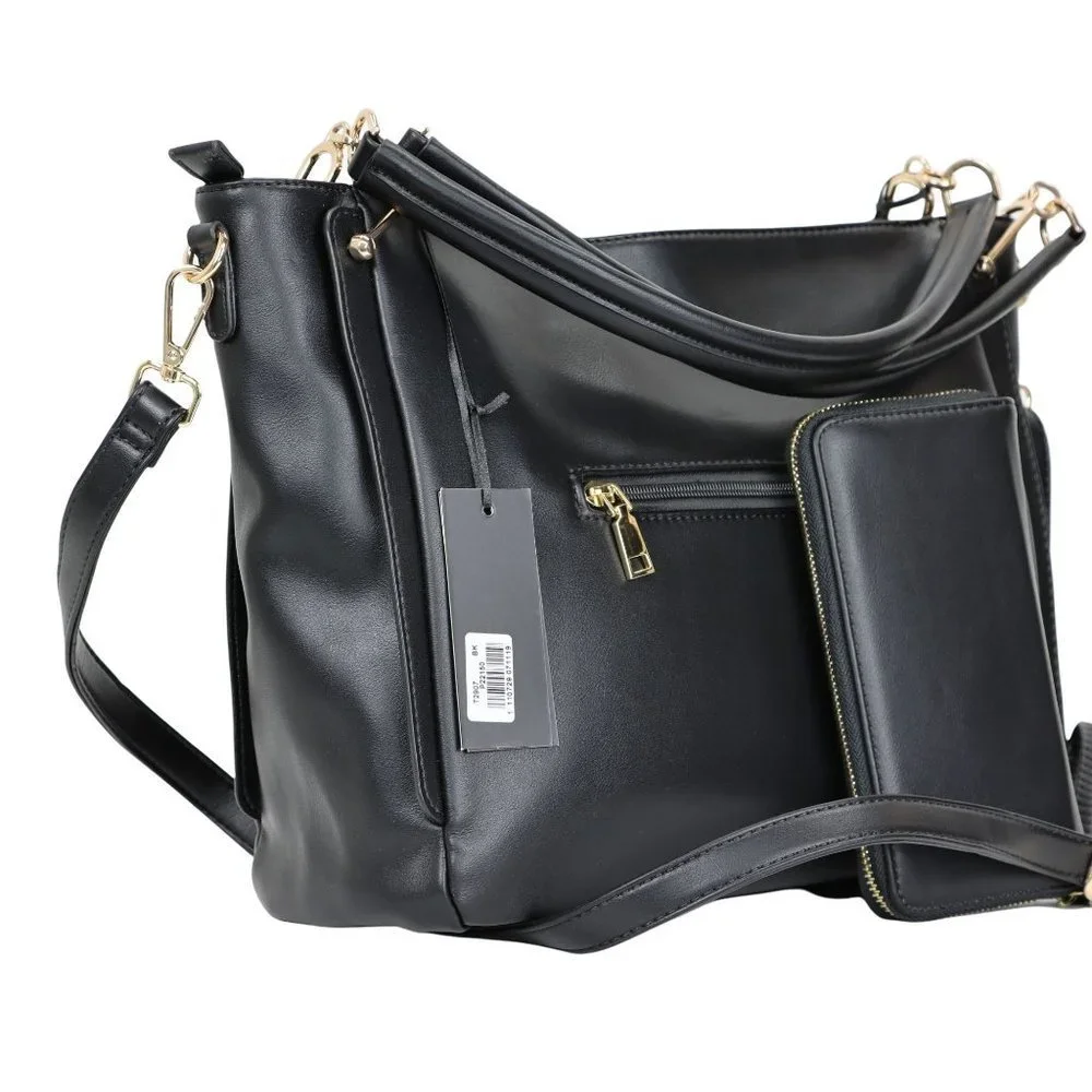 Black Faux Leather Purse and Wallet 2 in 1 Set Tote Hobo Bucket Shoulder Bag - Picture 2 of 12